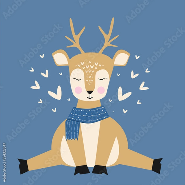 Fototapeta cute winter deer with a warm knitted scarf around his neck, a cute deer with antlers sits spreading his paws with hooves, cartoon deer with hearts flat illustration