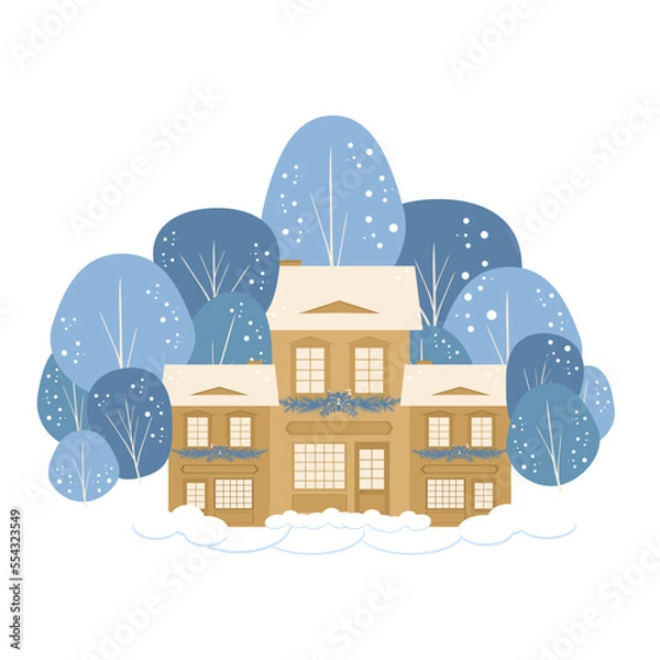 Fototapeta Christmas gingerbread house with blue snow-covered trees on the background, Scandinavian houses with New Year's decoration, cartoon house stands in snowdrifts in winter