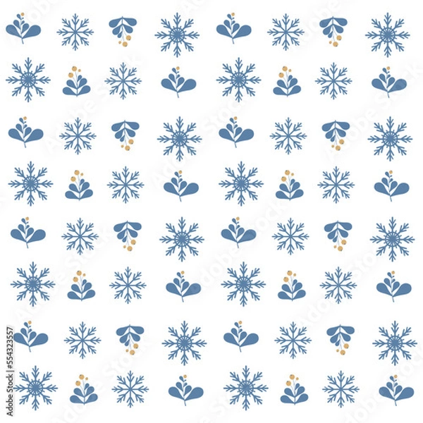 Fototapeta seamless winter pattern with snow, snowflakes and New Year berries, ornament for printing on fabric, office, printing, seamless wallpaper with a blue Christmas pattern, snow pattern