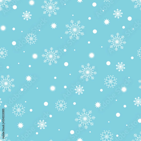 Fototapeta Snowy vector pattern isolated on a blue background. Snowflake ornament. Good for wallpaper, fabric, wrapper, cards, Christmas and New Year decoration.