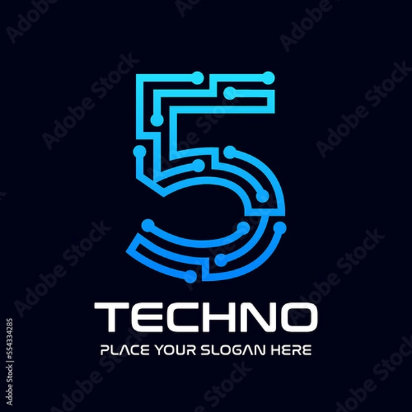 Fototapeta Five or 5 number technology vector logo template