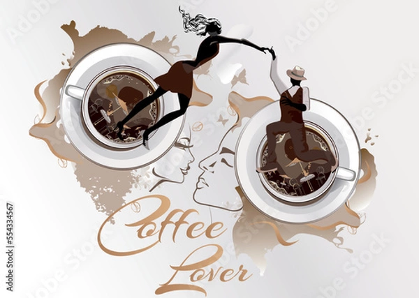 Obraz Abstract coffee background with a couple in passionate Latin American dances. Hand drawn poster background.