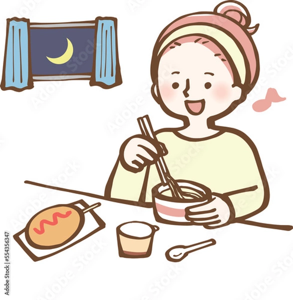 Fototapeta 夜食を食べる女性　イラスト