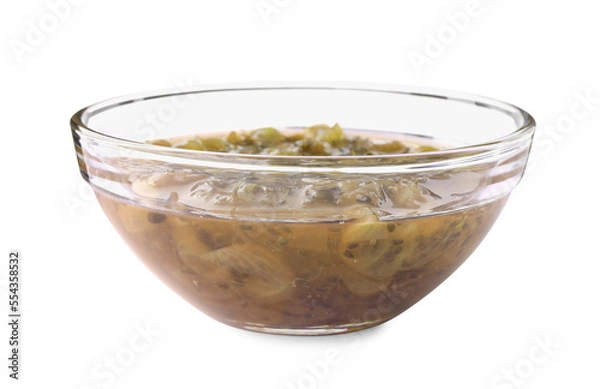 Obraz Bowl of delicious gooseberry jam isolated on white