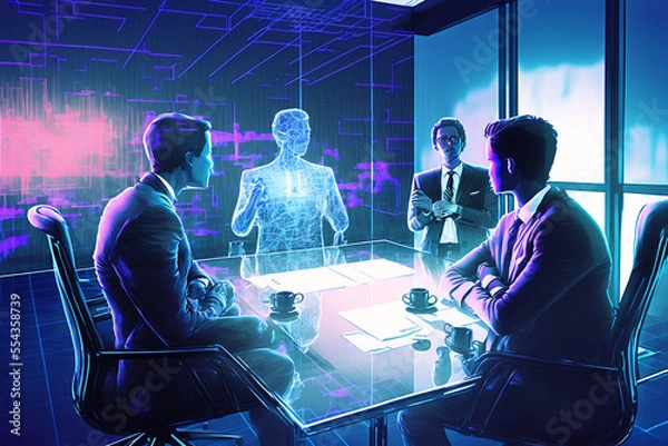Fototapeta A group of businesspeople in a meeting that includes holographic projection of a remote person attending. generative ai