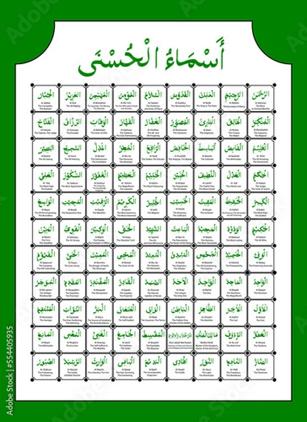 Fototapeta simple vector set complete 99 name of Allah, islam god or asmaul husna, in arabic, latin and english at white background
