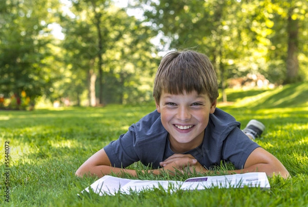 Obraz Smiling happy boy reading book