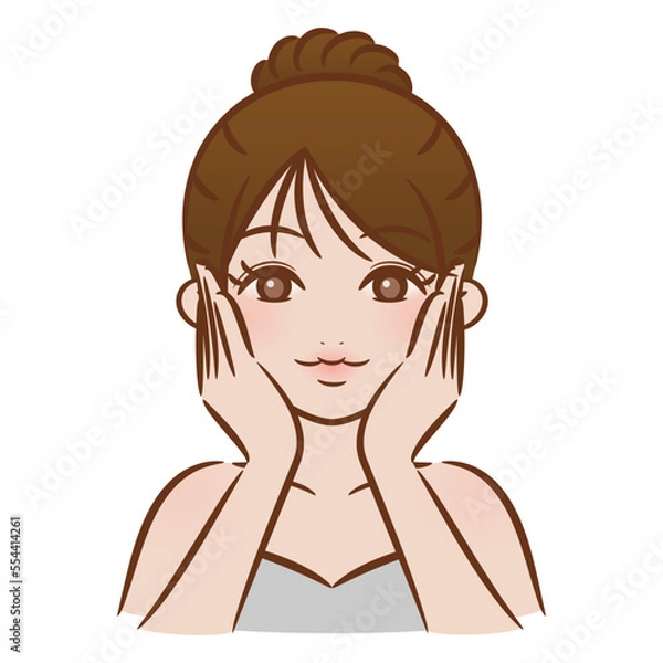 Obraz ブラッシュペンで描かれたイラスト /頬を抑えるアップスタイルの女性