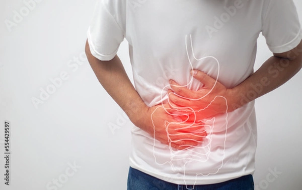 Obraz man having abdominal pain on white background