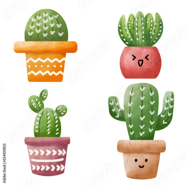 Fototapeta Set of cute cactus, hand drawn watercolor illustration on white background.