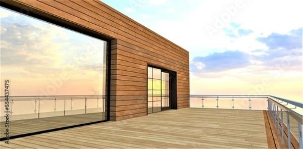Fototapeta An aesthetic and environmentally friendly option for finishing a spacious balcony of a country house with a facade and terrace board. Great place for a family vacation. 3d rendering.