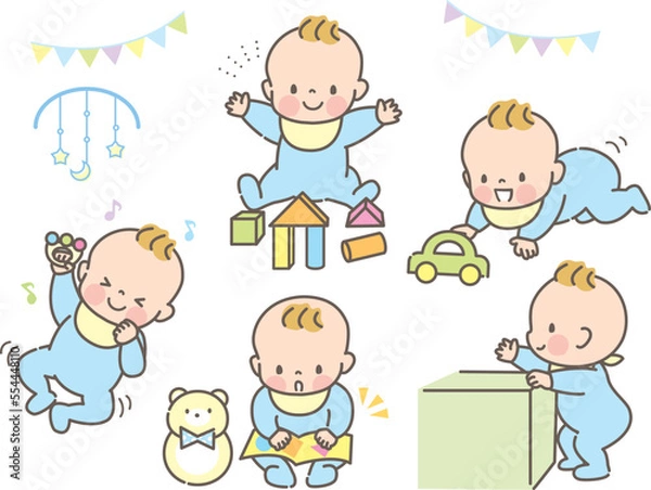 Fototapeta 元気に遊ぶ赤ちゃんの表情イラストセット素材