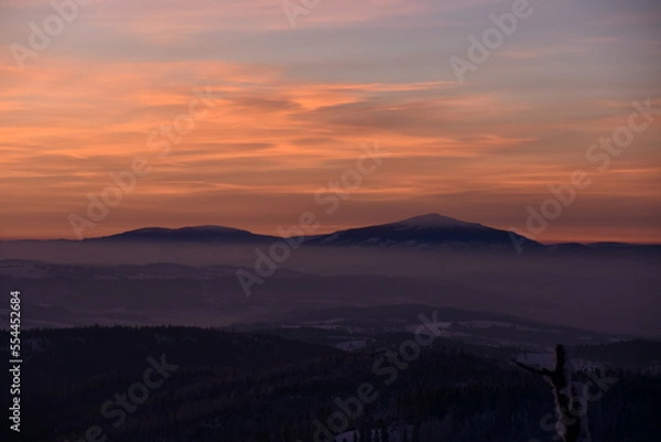 Obraz Góry, zima, śnieg, zachod slonca, Turbacz, Gorce