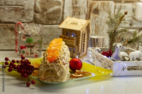 Obraz Праздничный мандариновый рулет, очень нежный и воздушный.