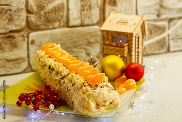 Obraz Праздничный мандариновый рулет, очень нежный и воздушный.