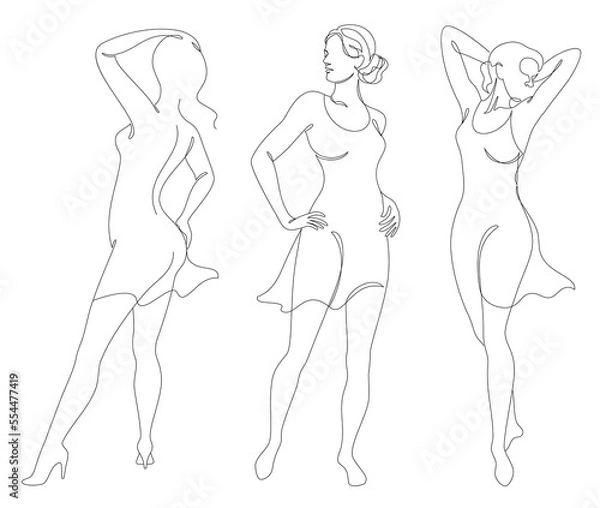 Fototapeta Collection. Girl silhouettes in modern single line style. Women's line art continuous line drawing, decor aesthetic outline, posters, wall art, stickers, logo. Vector illustration set.