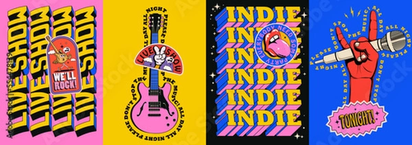 Obraz Live indie music show or rock music concert or party poster set with electric guitar and devil horn hand gesture and bright colored typography composition. Vector illustration