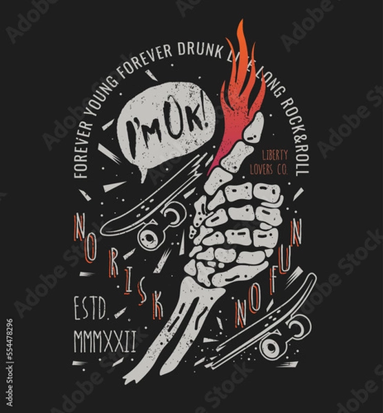 Fototapeta Skateboarding punk themed vector  illustration with skeleton arm thumb up gesture and broken skateboard with typographic composition on black background for t-shirt or hoodie or poster print