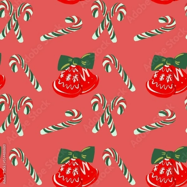 Fototapeta Winter seamless pattern with bells, candy canes.