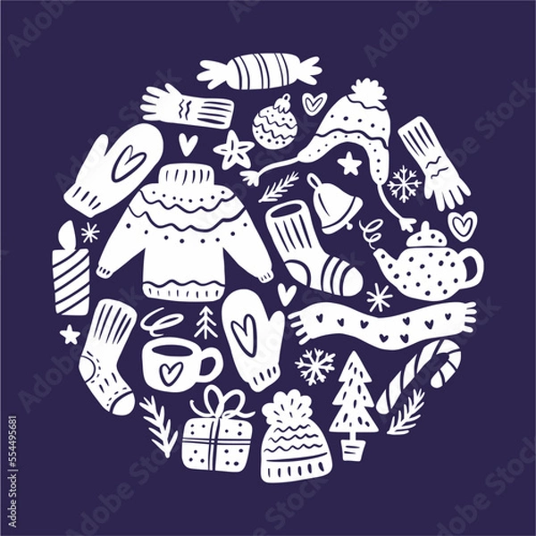 Fototapeta Vector collection of Christmas elements and symbols in the shape of a circle, hand-drawn in the style of a doodle.