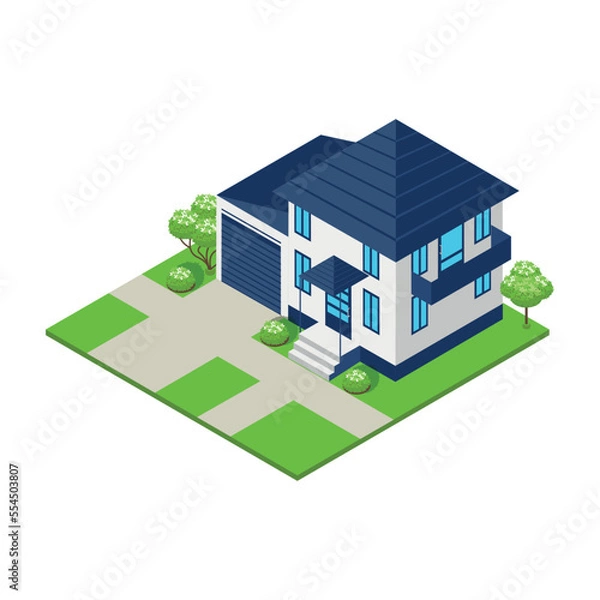 Fototapeta Small isometric house on a white background.Real estate sale and rent. Colorful image of a private house.