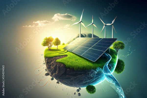 Obraz renewable energy background with green energy as wind turbines and solar panels