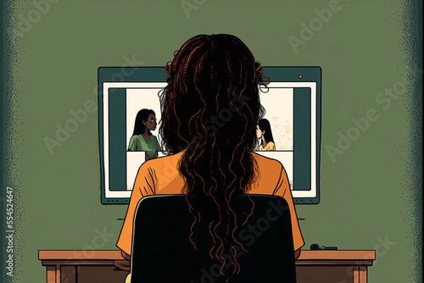 Obraz Woman working from home office on computer. during a teleconference. Animated with generative AI.