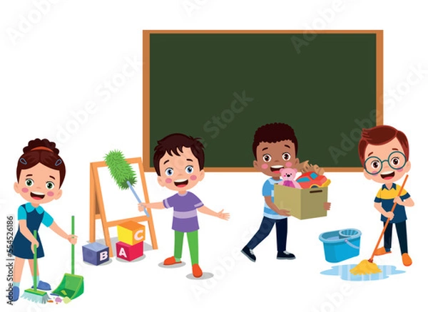 Fototapeta cute students cleaning classroom at school