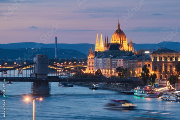Obraz Vistas del parlamento al anochecer, Budapest
