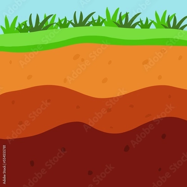Obraz Ground floor and brown rocks, top with green grass, science teaching aids, soil layer.