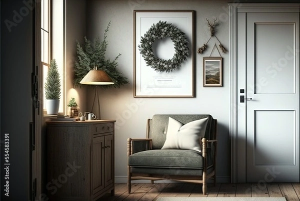 Fototapeta Natural chistmas tree near sofa on the white wall background. Minimal decoration at home