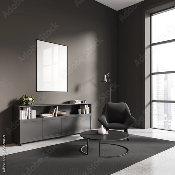 Fototapeta Corner view on dark living room interior with empty poster