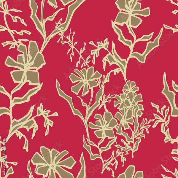 Fototapeta Abstract wild flowers in seamless pattern. Hand drawn graphic flowers on a Magenta background.