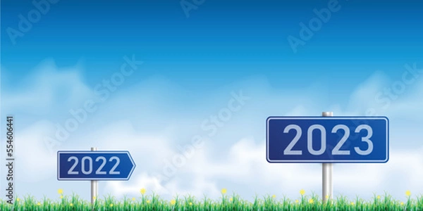Fototapeta Number 2023 writing on a traffic sign. with blue sky on sunny day. concept of happy new year. vector illustration