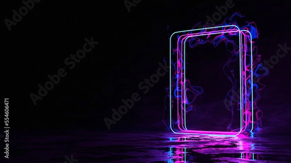Fototapeta 3D, blue pink neon square frame smog background space background ultraviolet light 80's retro style