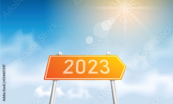 Fototapeta Number 2023 writing on a traffic sign. with blue sky on sunny day. concept of happy new year. vector illustration