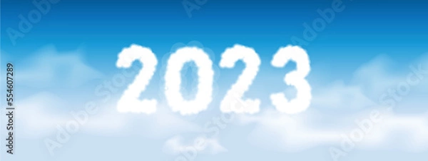 Fototapeta happy new year. number 2023 written on a blue sky with cloud character design.alphabet of 2023. vector illustration