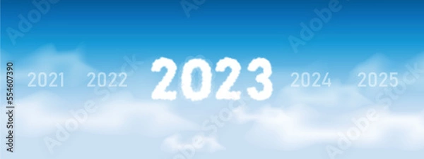 Fototapeta happy new year. number 2023 written on a blue sky with cloud character design.alphabet of 2023. vector illustration