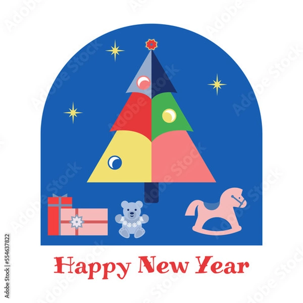 Obraz Vector illustration of Merry Christmas and Happy New Year greeting card. Flat, geometric design with Christmas tree, toys, gifts. Template for congratulations and invitations, banner, poster..