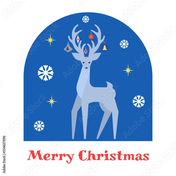 Obraz Vector illustration of a Christmas greeting card with a deer. Flat, geometric design with a deer whose antlers are decorated with outdoor toys. Template for congratulations and invitations, banner.