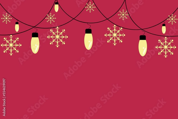 Obraz Viva magenta christmas background with garland with beautiful snowflakes and lamps and copy space. New year banner template with place for text.