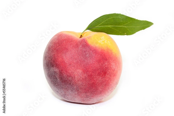 Fototapeta Pfirsich mit Blatt isloiert
