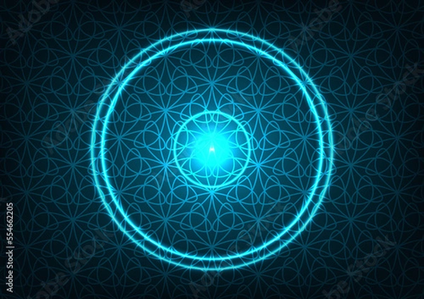 Fototapeta Futuristic blue pattern messy lines neon circle background 