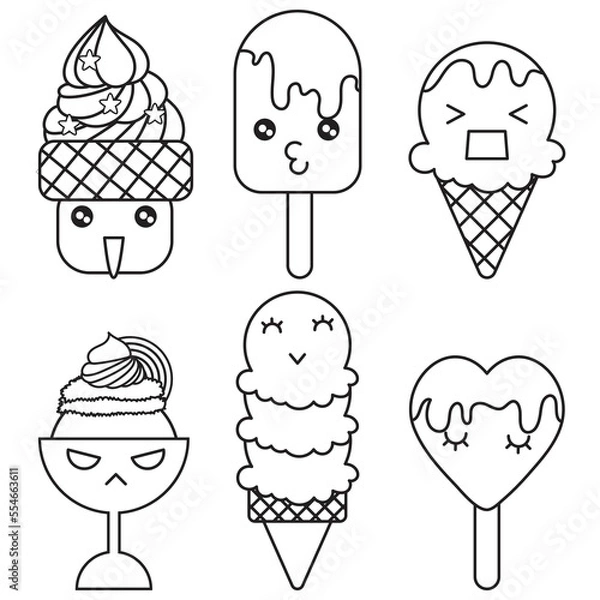 Obraz Cute ice cream with emotion face outline for coloring book or anything.
