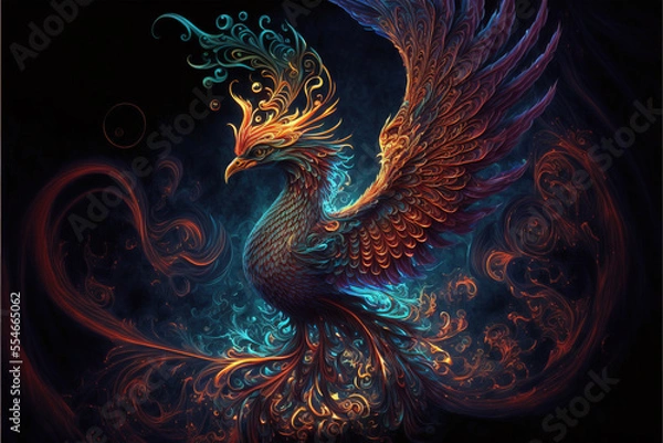 Fototapeta Phoenix mythical creature made of fractals created with Generative AI technology
