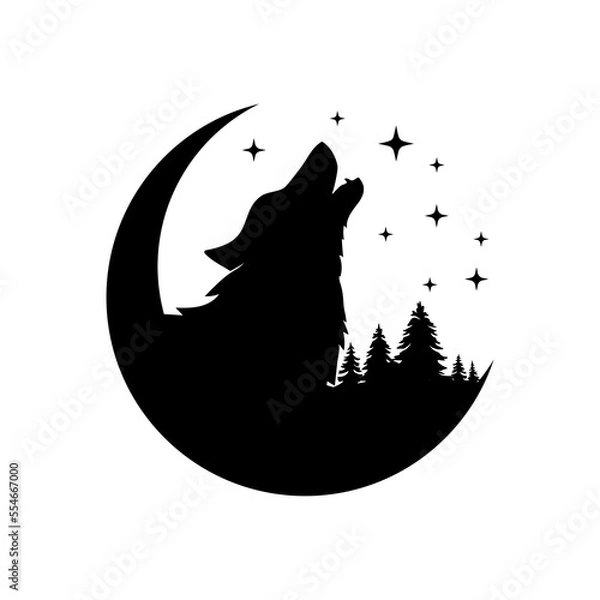 Obraz Wolf and moon crescent black vector design