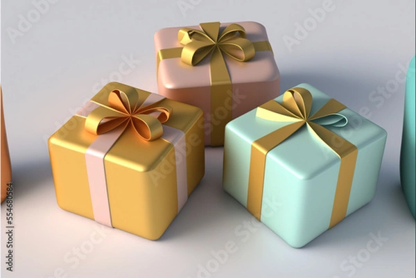 Fototapeta Golden and Pastel Gift Boxes on White Background by Generative AI Illustrations