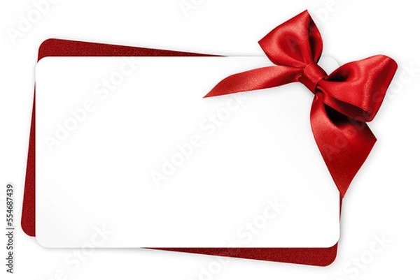 Fototapeta gift greeting card with red bright ribbon bow Isolated on transparent background, top view, copy space for label price ticket, Merry Christmas, mother or valentine's day shopping or advertising banner
