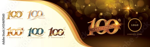 Obraz Set of 100th Anniversary logotype design, Hundred years anniversary celebration Logo, Golden Luxury and Retro Serif Number 100 Letters