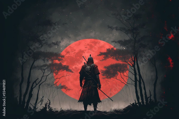 Fototapeta Futuristic Samurai standing backwards in a night grey forest with a big red moon in the background, Panorama landscape scene, illustration art style painting